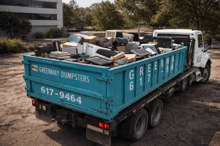 Roll-off dumpster on-site for efficient home cleanup and renovation debris removal