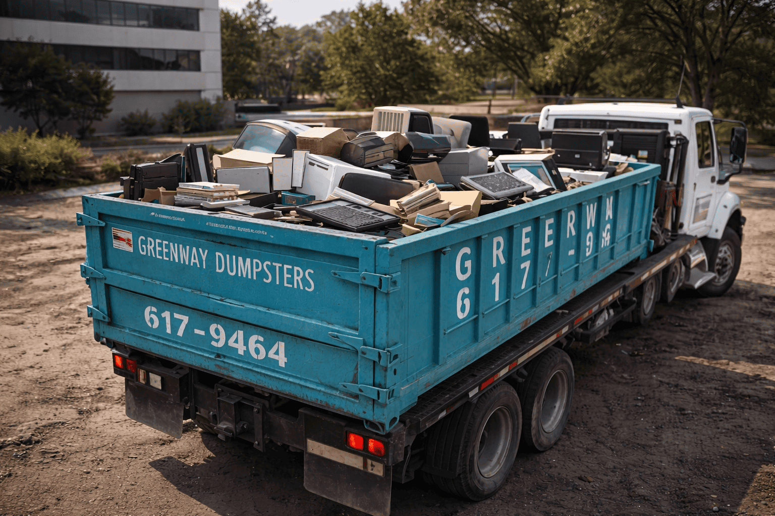 Roll-off dumpster on-site for efficient home cleanup and renovation debris removal