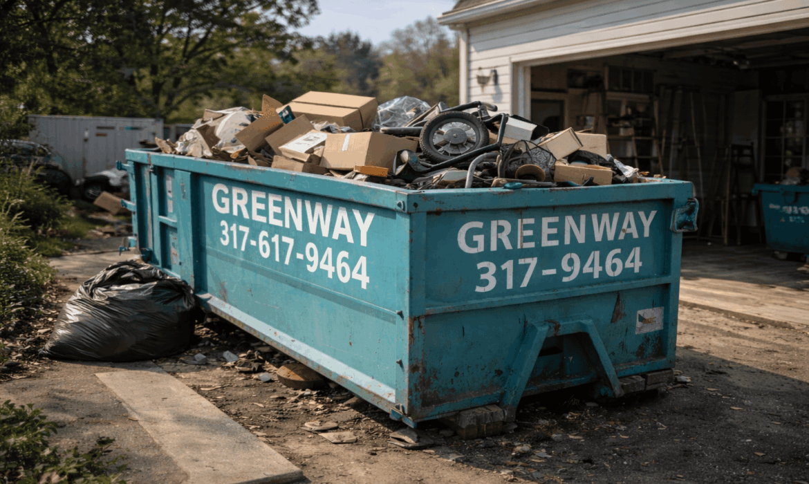 A blue roll-off dumpster at a residential job site surrounded by renovation debris and tools, ready for a home improvement project.