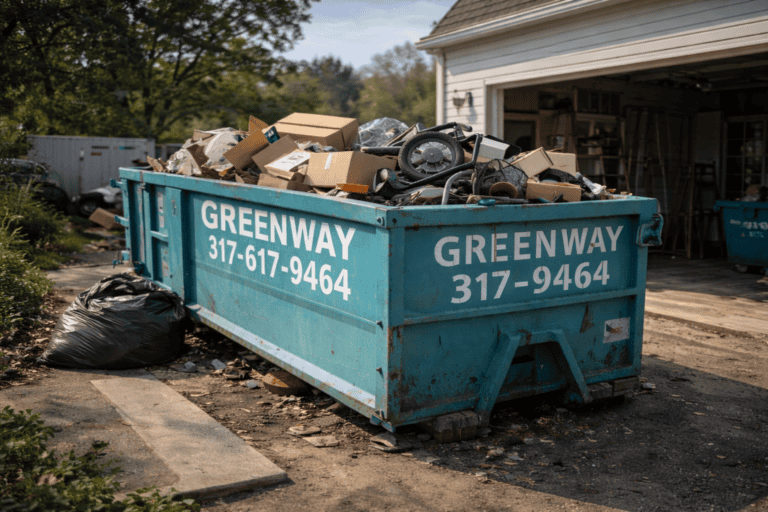 A blue roll-off dumpster at a residential job site surrounded by renovation debris and tools, ready for a home improvement project.